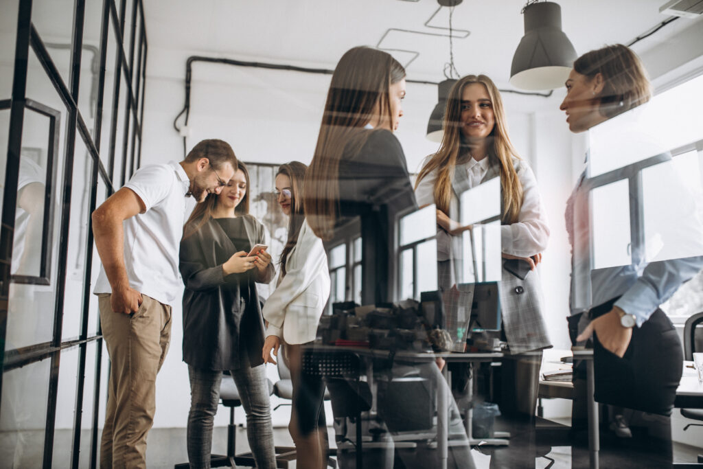 group people working out business plan office